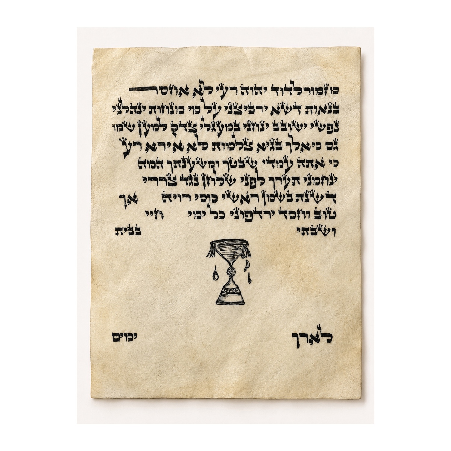 Hebrew text from Psalm 23 is written on parchment around a form that reads as both an overflowing cup and an hourglass.