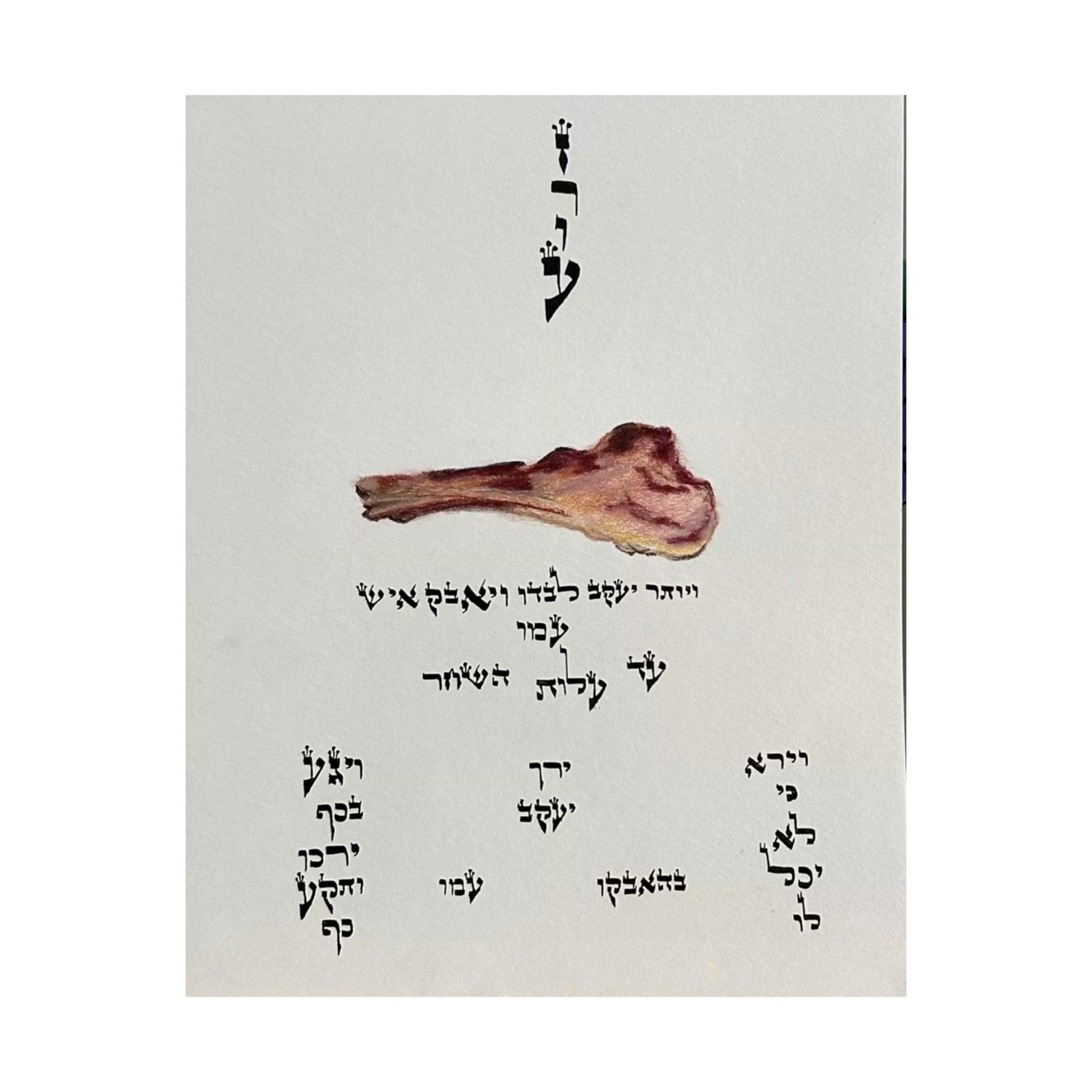 A Passover shank bone is set in conversation with Hebrew fragments from Jacob's night of wrestling.