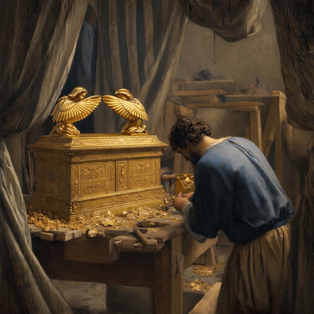 A painterly scene of Bezalel working beside the golden Ark of the Covenant in a dim, curtained workshop, with two winged cherubim facing one another above the Ark.