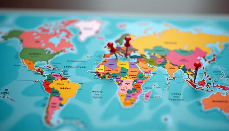 Close-up view of a world map with pins marking global recruitment locations