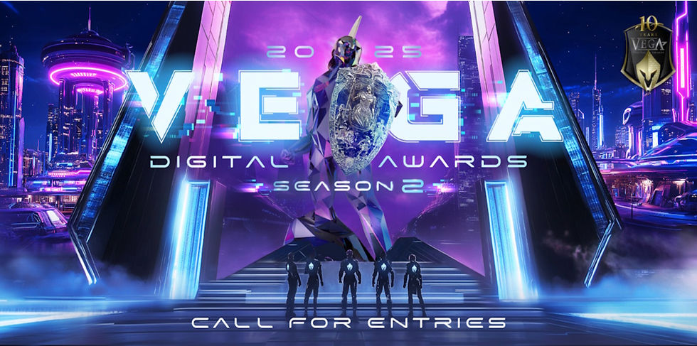 Vega Digital Awards poster featuring a space-age scene with a larger-than-life digital warrior in futuristic armor, accompanied by a team of troops looking up at the warrior. The color scheme is purple and blue with a futuristic city at night in the background.