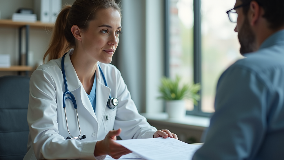 Close-up view of a legal nurse consultant explaining medical documents to an attorney