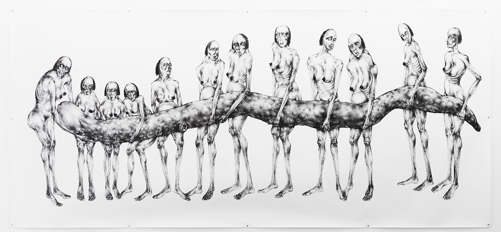Artwork by Bussaraporn Thongchai or naked women in a line, holding a penis