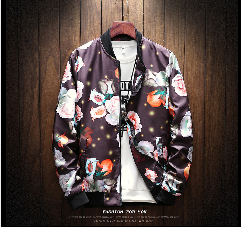 Thumbnail: Men's Stylish Flowers Print Zipper Front Bomber Jacket