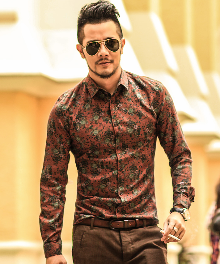 Thumbnail: Male thin floral shirt autumn shirt blue men's long sleeve shirt