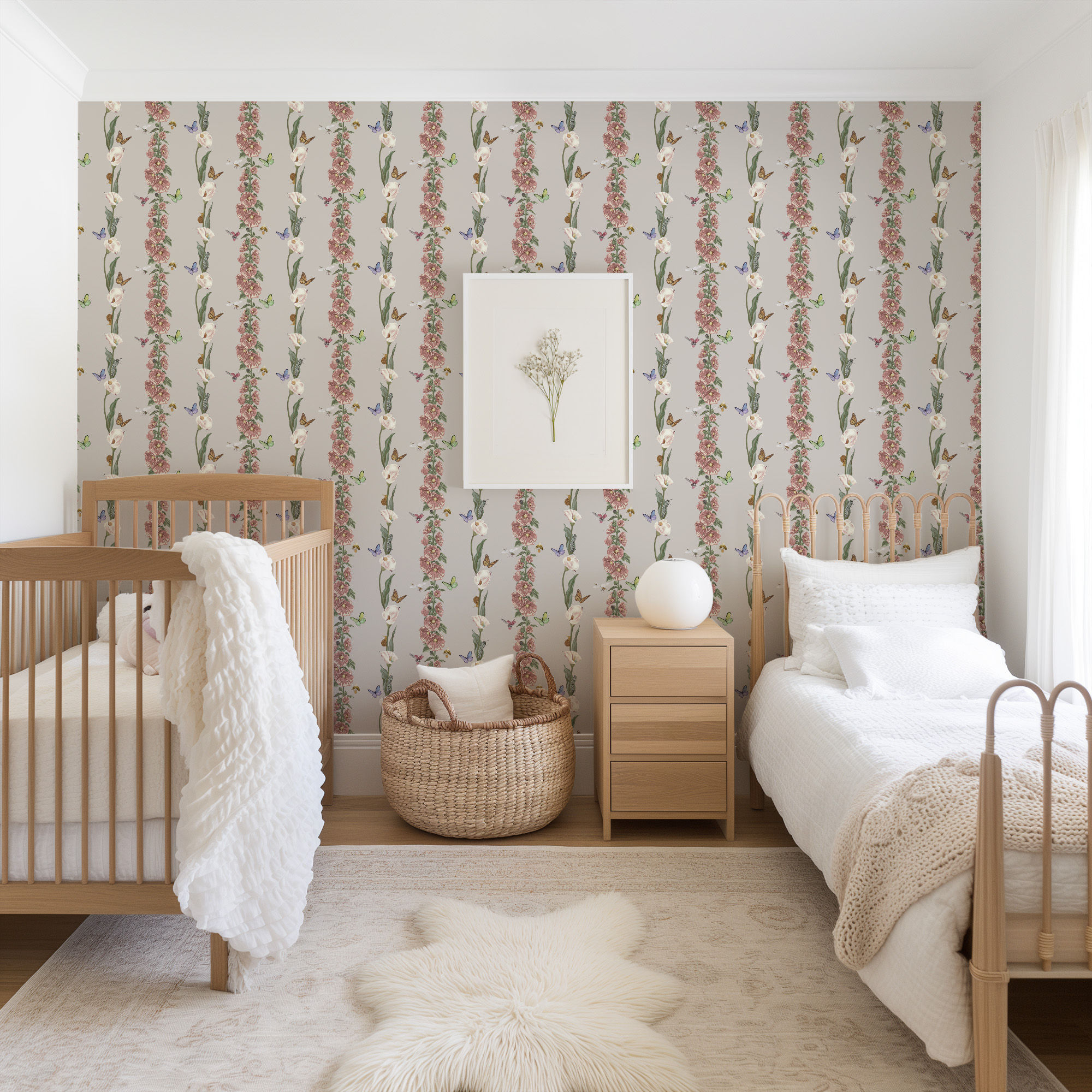 Flight of Fancies Blushing Dove wallpaper with floral stripes and tea party details styled in a nursery with cot and bed