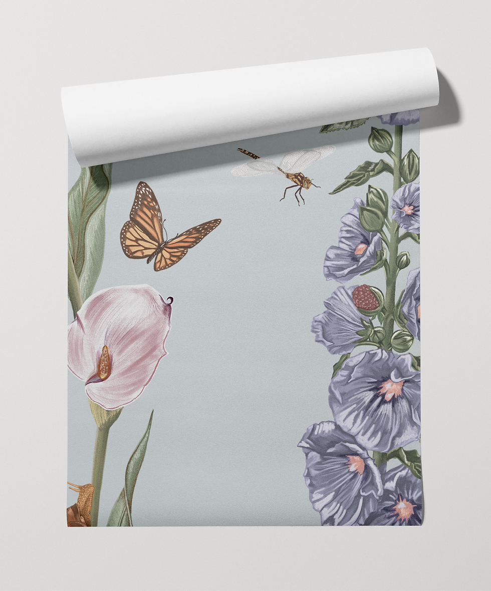 Close-up of Flight of Fancies Blue Skies wallpaper sample showing butterflies and flowers on a pale blue background.