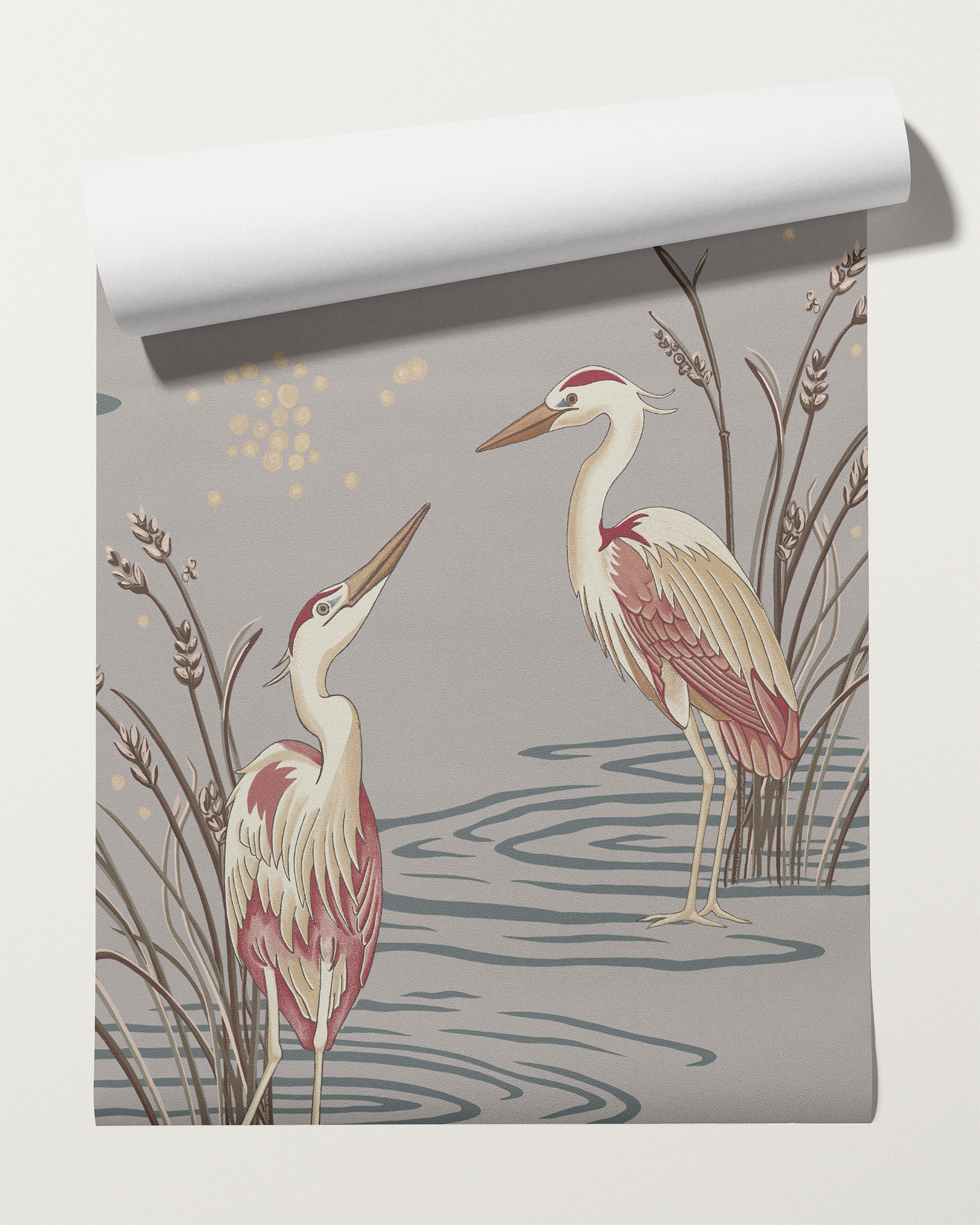 Twilight Herons wallpaper sample in Moon Mist, showing graceful herons, soft taupe-grey background, and delicate reeds.