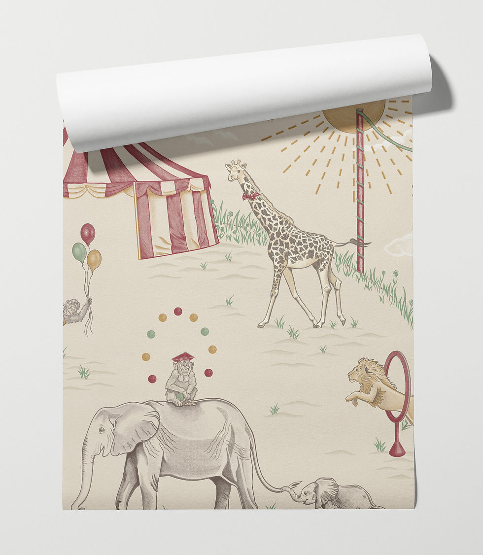 Big Top Dreams wallpaper sample showing elephants, giraffes, juggling monkeys, and striped circus tents.