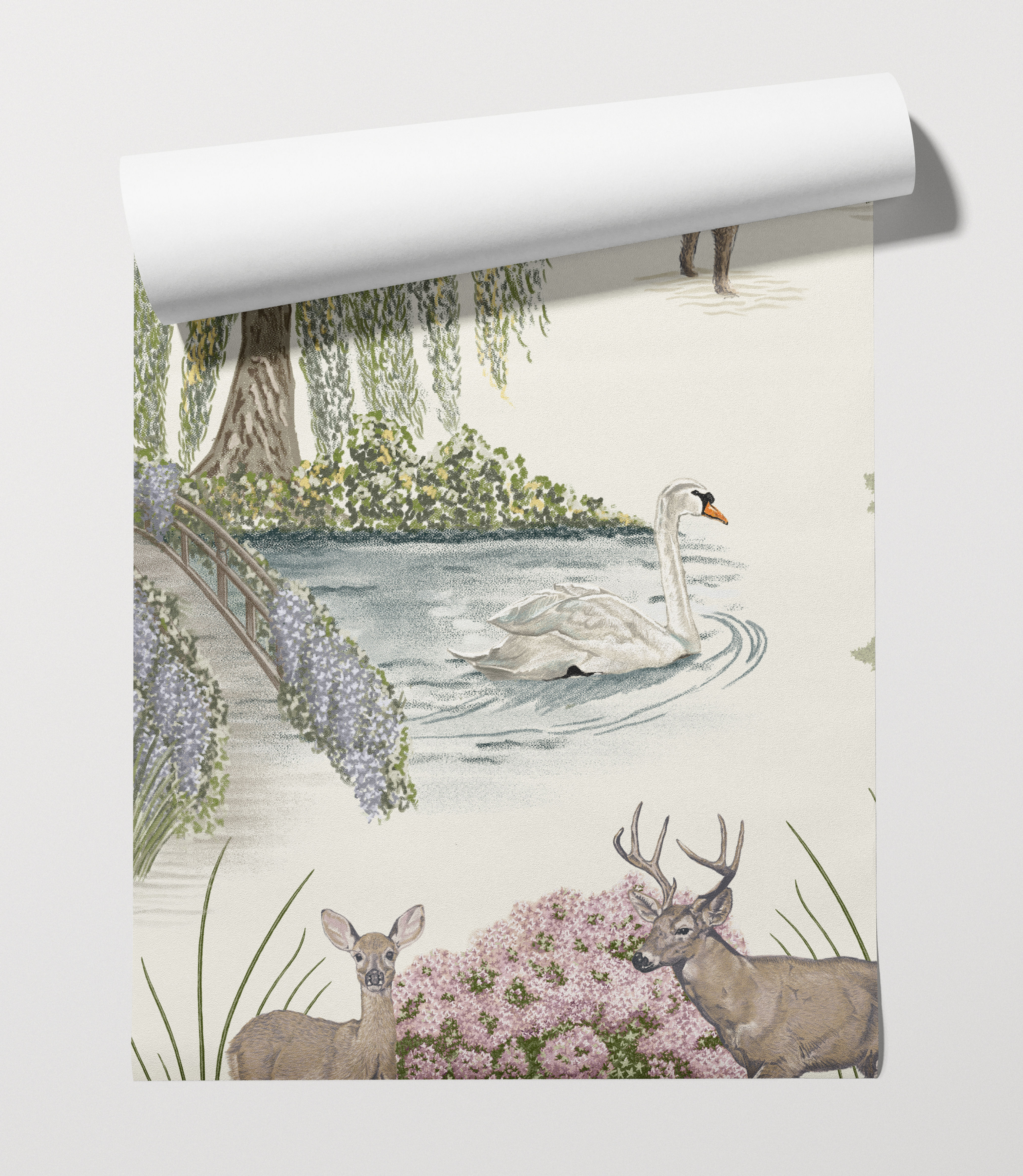 A Walk in the Park Isabella Rose wallpaper sample with swan, deer and wisteria bridge.