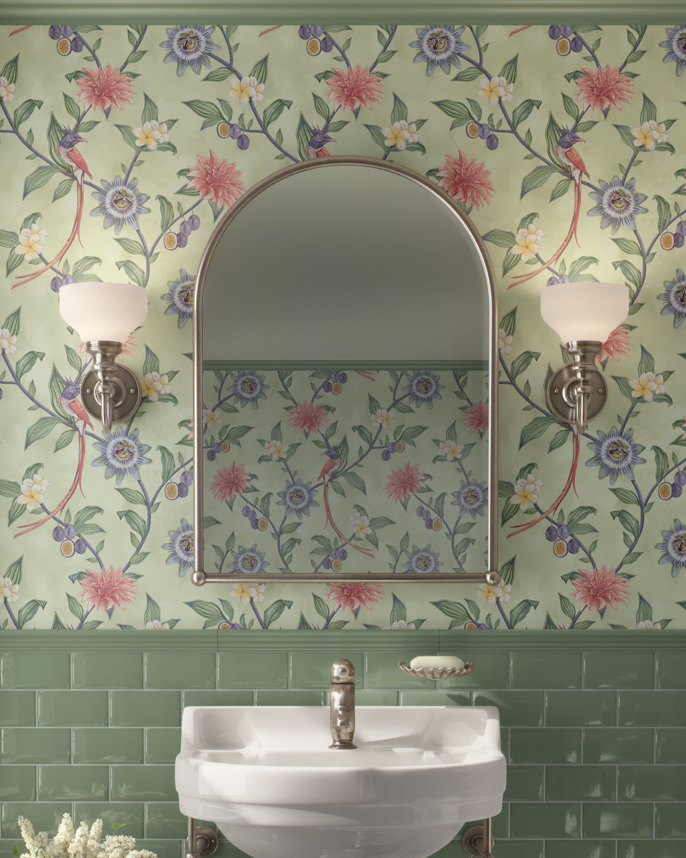 Bathroom styled with Paradise Tails Eden Green wallpaper featuring tropical flowers and Paradise Flycatcher bird.