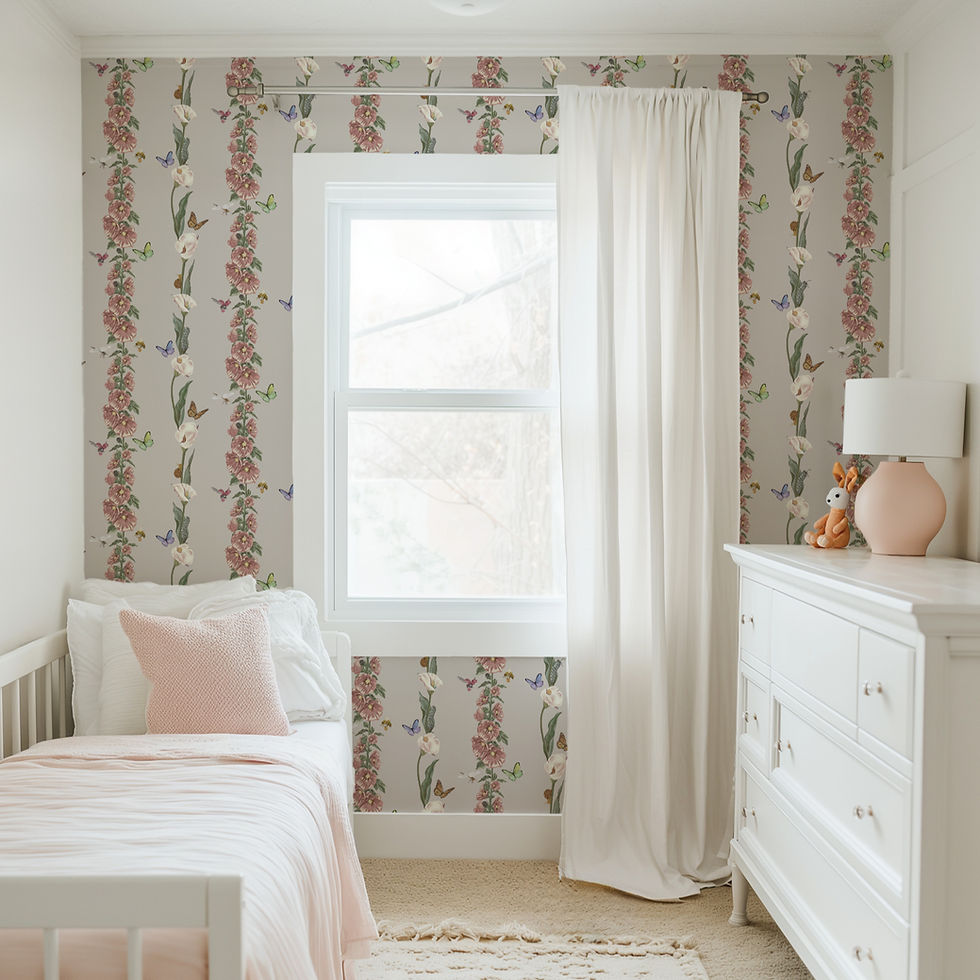 Thumbnail: Flight of Fancies Blushing Dove wallpaper in a child’s bedroom featuring florals, playful critters and tea party details