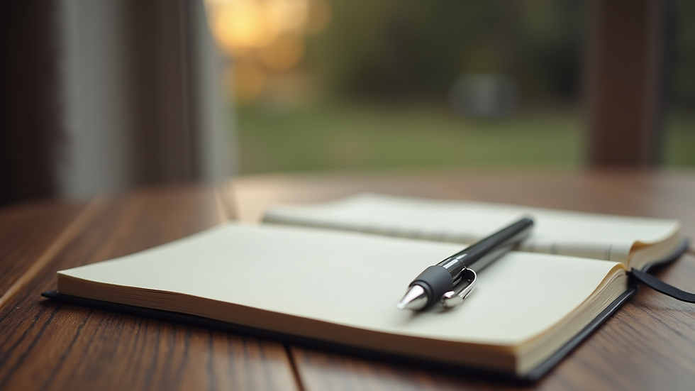 Close-up view of a journal and pen on a wooden table, symbolizing self-reflection