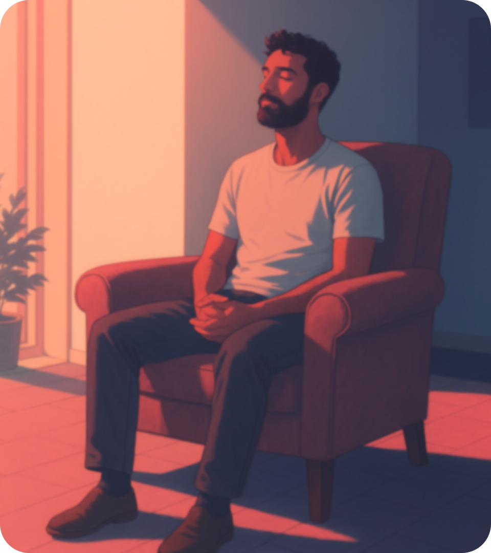 Young man sitting in chair with eyes closed, taken from Tend VR-MBI course content