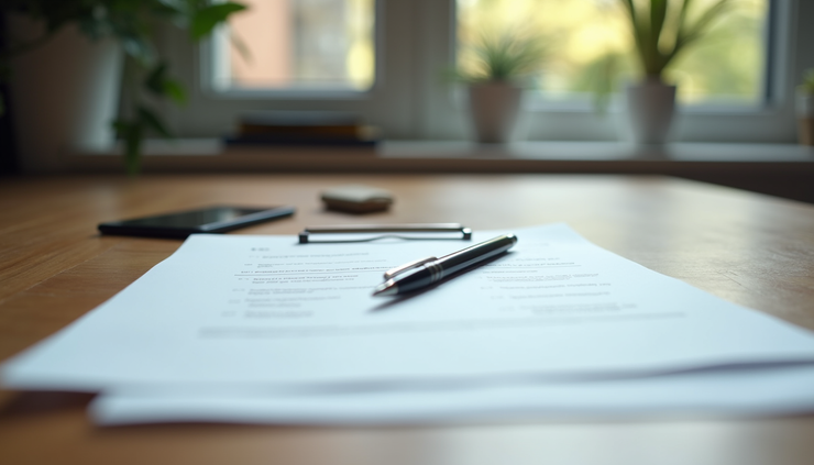 Close-up view of college application forms and a pen on a wooden table