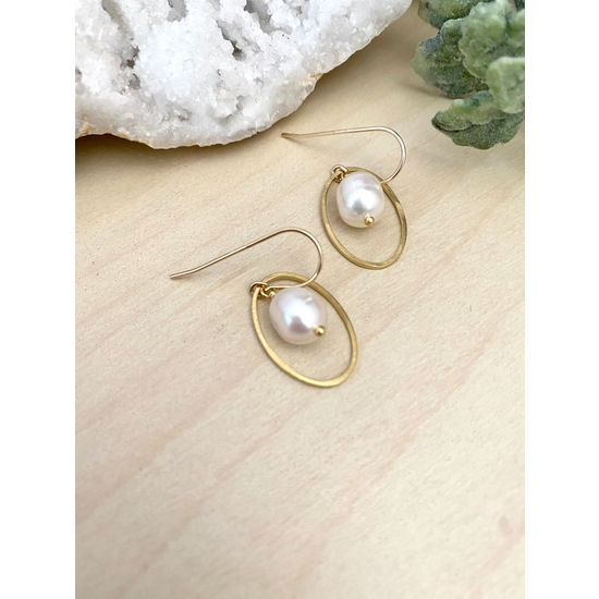 Thumbnail: Pyrite and Pearls - Oval Freshwater Pearl Drop Gold Filled Earrings