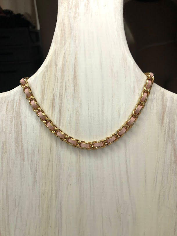 Thumbnail: Local Artist - Pink and Gold Woven Chain Wrap Bracelet Necklace