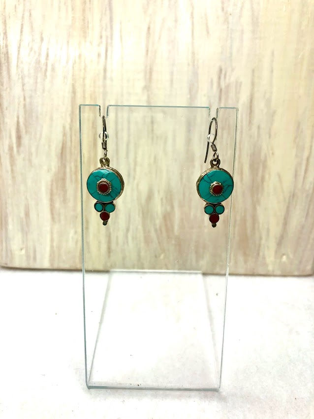 Thumbnail: Zig Zag - Sterling Silver Turquoise Red Center Bead Earrings