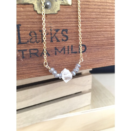 Pearls Pyrite and Pearls - Herkimer Diamond and Labradorite Gemstone V Necklace