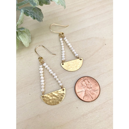 Thumbnail: Pyrite and Pearls- Pearl and Brass Half Moon Earrings