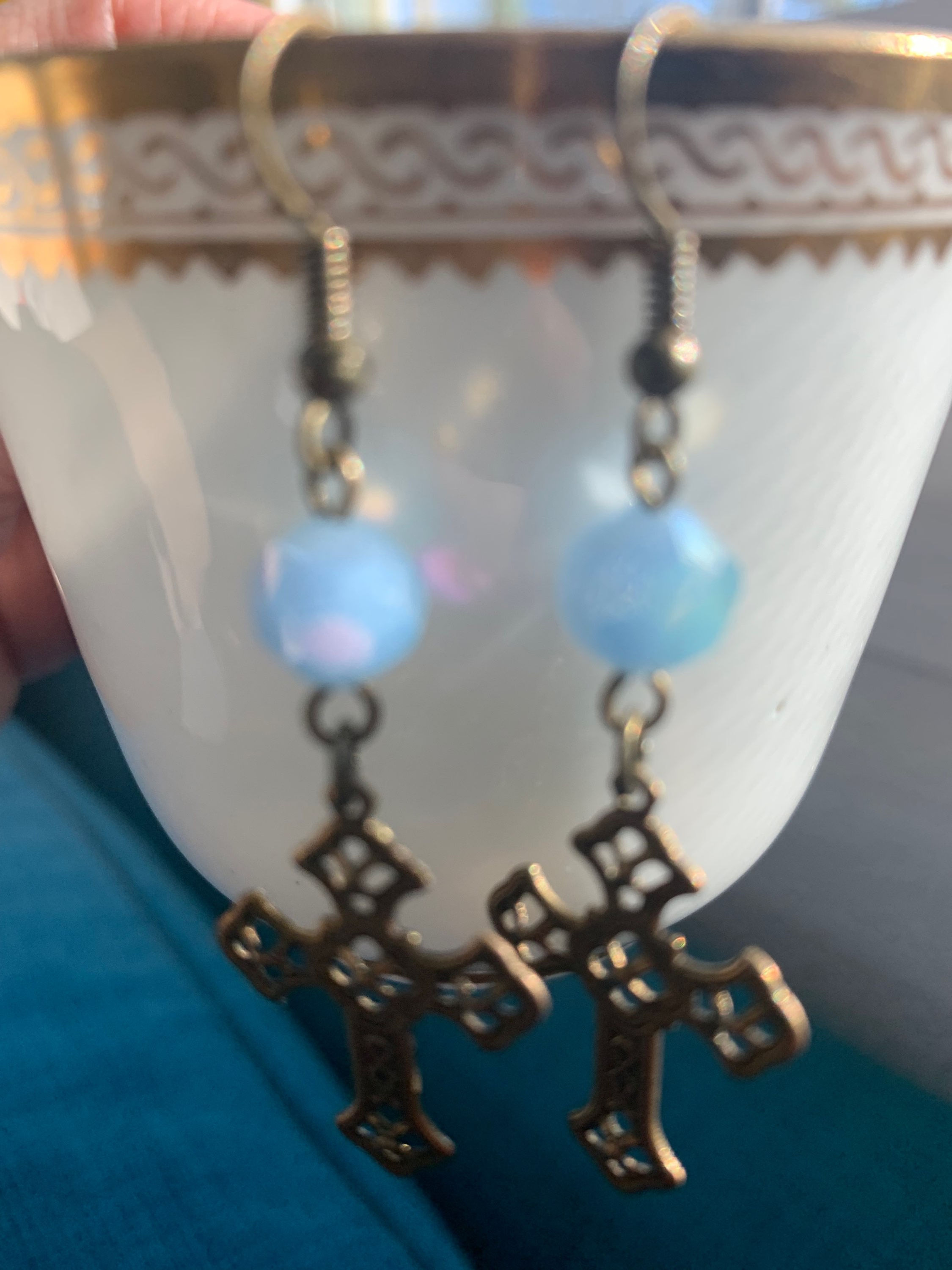 Rachel Eva Light Blue & brass cross earrings 