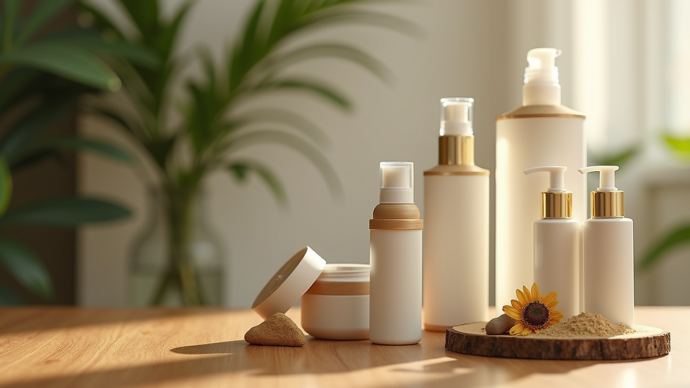 Close-up view of a variety of natural skincare products on a wooden surface