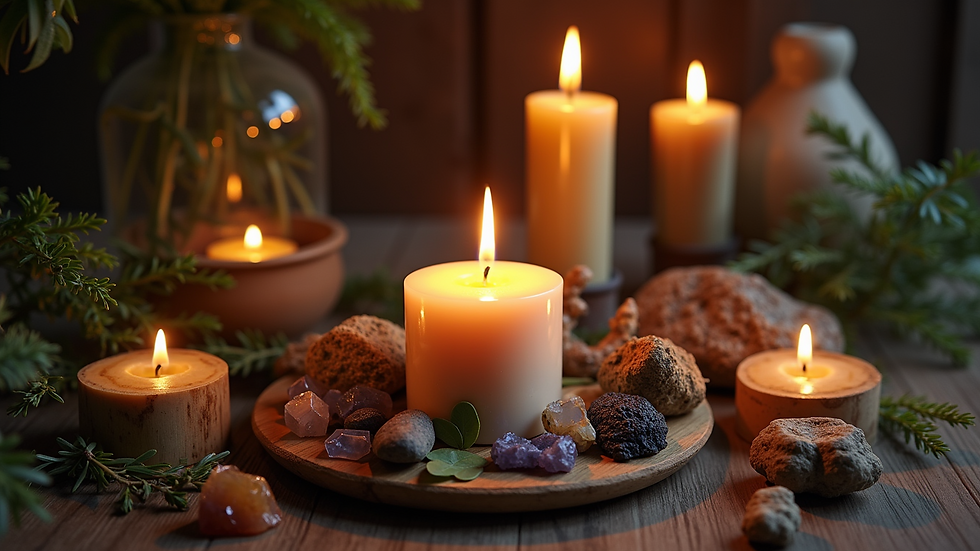 Close-up view of a candle altar adorned with herbs and crystals