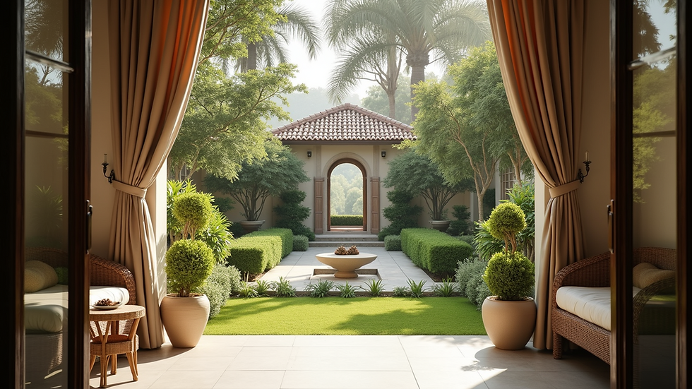 Eye-level view of a serene boutique hotel terrace overlooking a lush garden