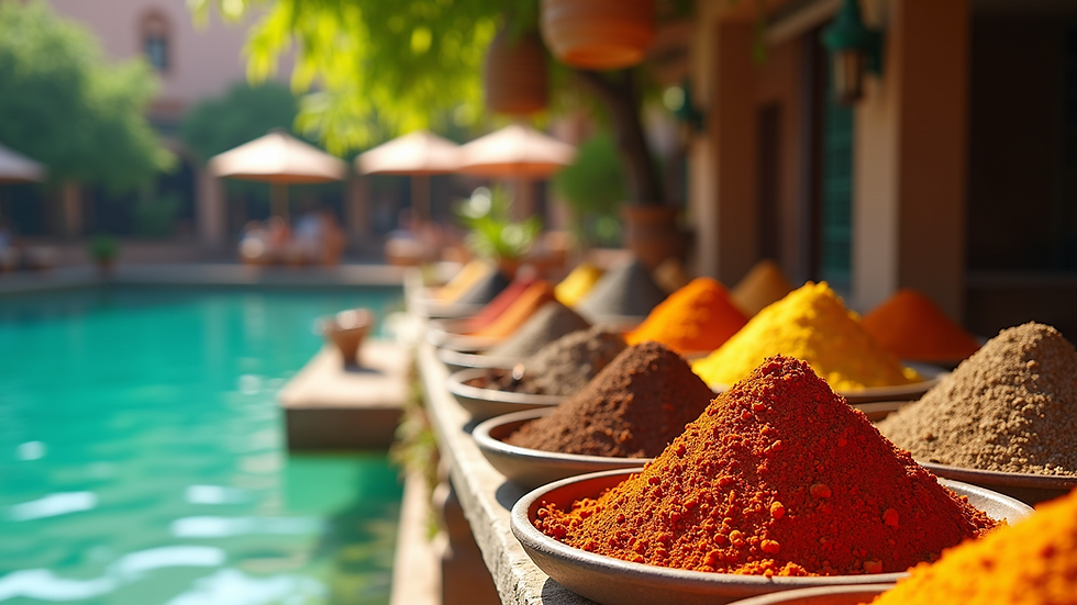 Close-up view of a vibrant Moroccan market stall with spices