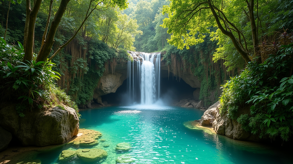 High angle view of a serene waterfall cascading into a hidden forest pool