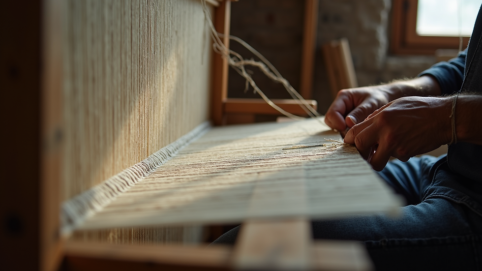 Close-up view of a traditional artisan weaving fabric in a small workshop