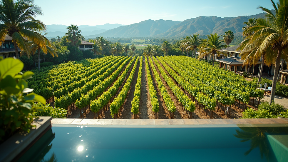 High angle view of a vineyard with rows of grapevines stretching into the distance