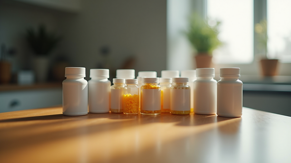 Eye-level view of a variety of weight-loss medication bottles on a wooden surface