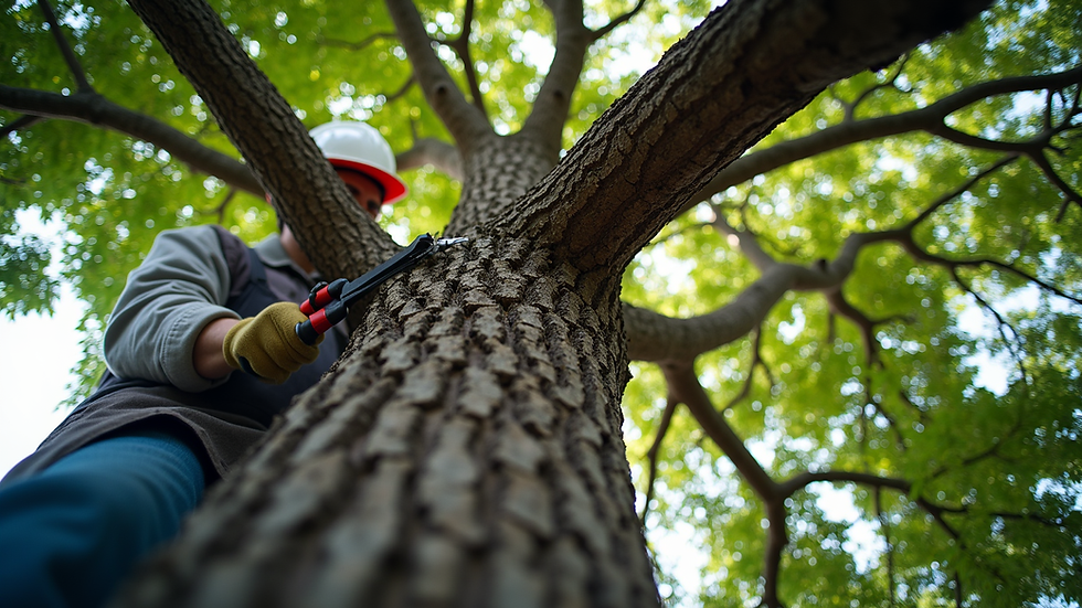 Eye-level view of a professional trimming branches of a large oak tree