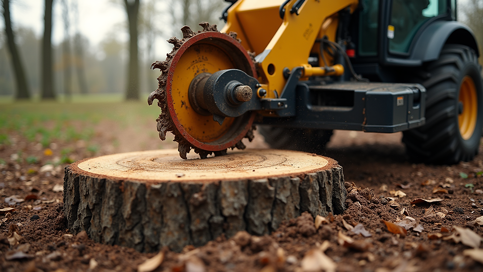Eye-level view of professional stump grinder machine working on a large tree stump