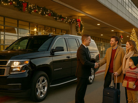 Black Chevrolet Suburban at a festively decorated airport terminal as a chauffeur greets a family arriving for the holidays, representing stress-free holiday car service in Austin.