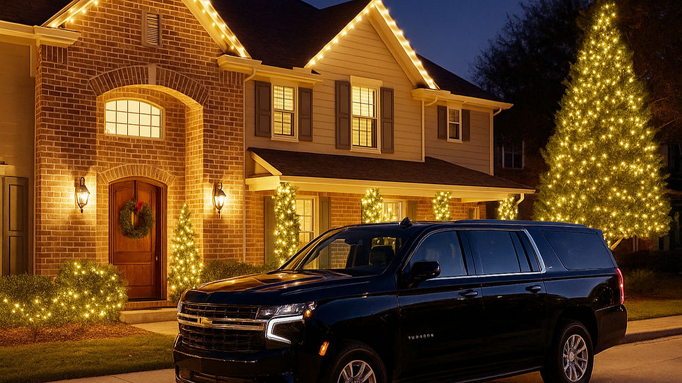 Black Chevrolet Suburban parked in front of a warmly lit Austin home decorated with holiday lights, representing luxury transportation for visiting family and guests during the holidays.