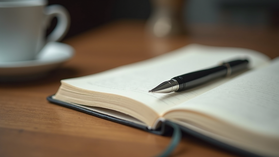 Close-up view of a journal and pen on a wooden table, symbolising reflection and healing