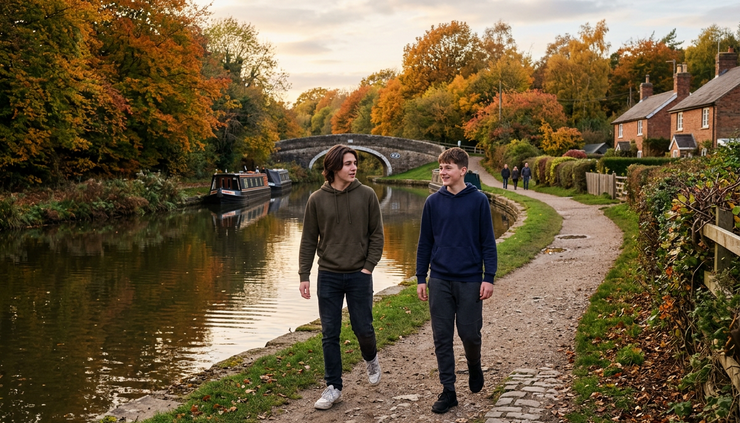 Wide-angle view of two young men walking along a canal path