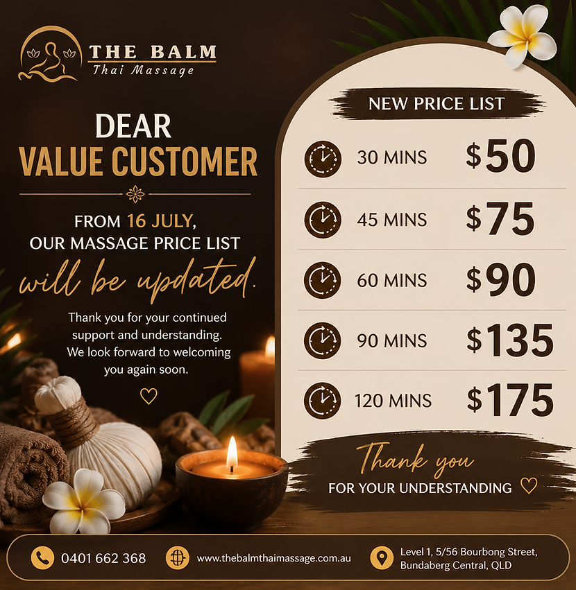 The Balm Thai Massage - Price list 2026