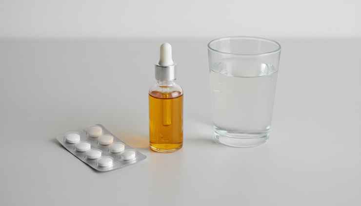 Overhead view of Vitamin D drops and oral supplements placed on a clean surface.