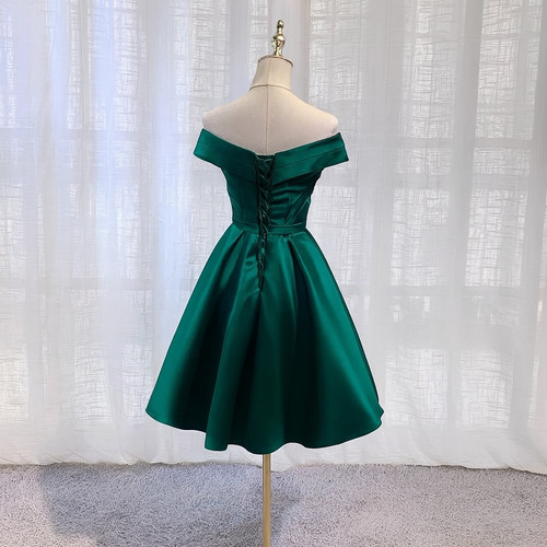 S2001 サテン オフショルダーショートドレス ダークグリーン 全132色