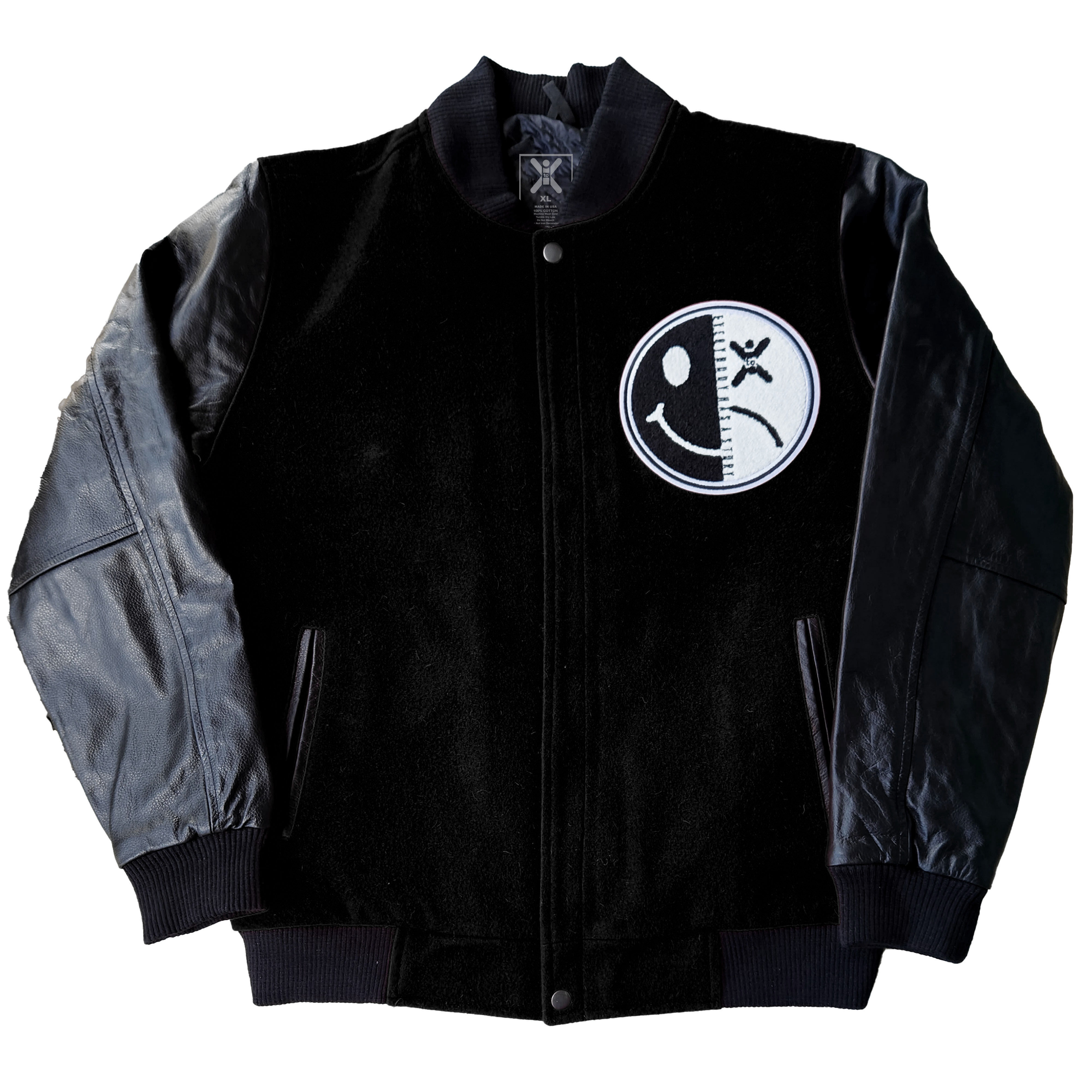 X TO ICON Smiley Black  Leather-Arm Letterman Jacket