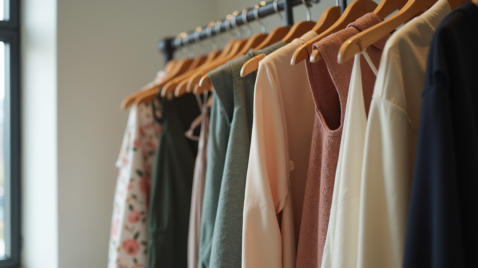 Eye-level view of a clothing rack featuring a variety of modest dresses
