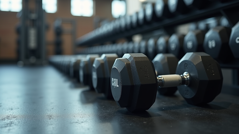 Close-up of dumbbells on a gym floor ready for strength training