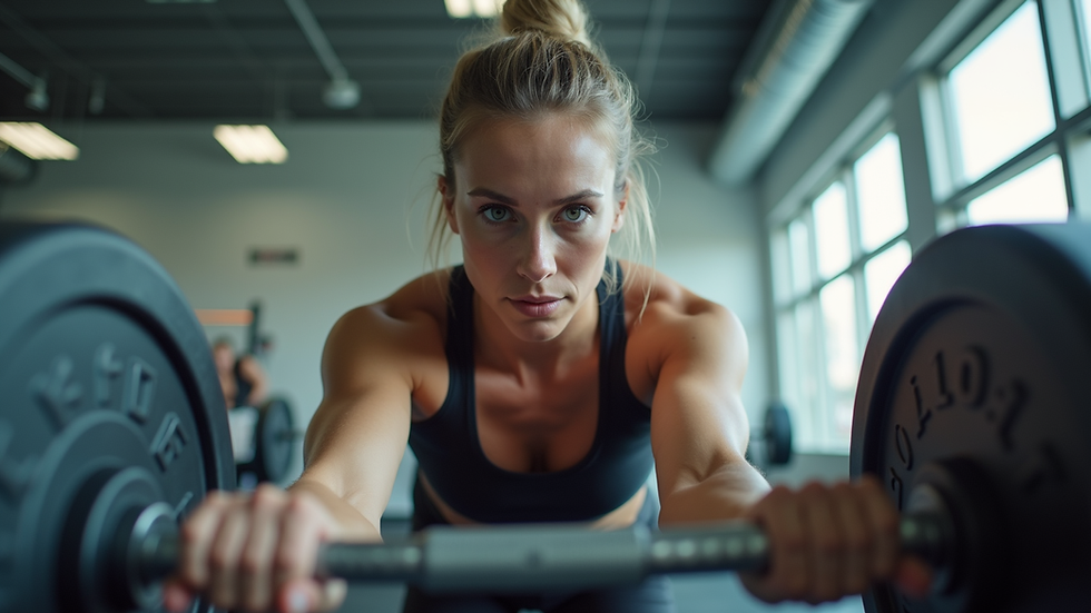 Eye-level view of a woman lifting weights in a bright gym