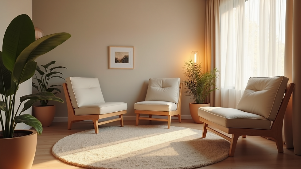 Eye-level view of a cozy therapy room with soft lighting and comfortable chairs