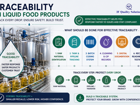Traceability in liquid food products showing raw material identification tank and pipeline tracking batch coding CIP records and recall readiness