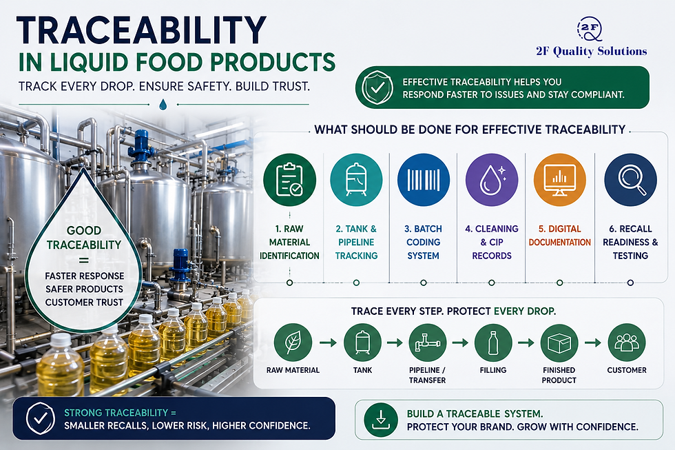 Traceability in liquid food products showing raw material identification tank and pipeline tracking batch coding CIP records and recall readiness