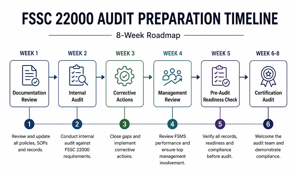 Timeline illustrating the typical stages of FSSC 22000 audit preparation, including documentation review, internal audit, corrective actions, management review, final readiness check, and certification audit.